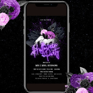 Purple Roses and Skull Halloween Party Invitation
