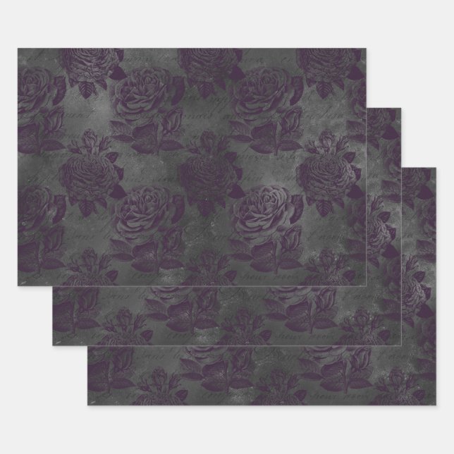 Purple Roses and Writing on Grey Wrapping Paper Sheet (Set)