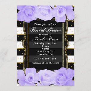 Purple Roses Black Stripes & Gold Bridal Shower Invitation