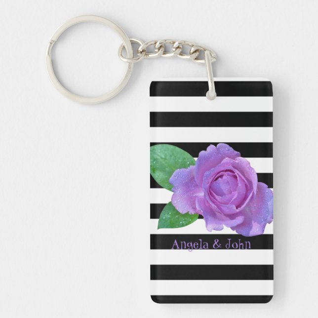 Purple Roses, Black, White Stripes Personalised Key Ring (Front)