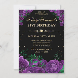 Purple Roses Border Floral 21st Birthday Invitation