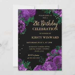 Purple Roses Border Floral 21st Birthday Invitation