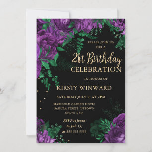Purple Roses Border Floral 21st Birthday Invitation