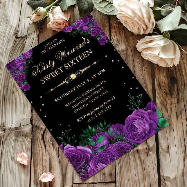 Purple Roses Border Floral Sweet Sixteen Invitation (Creator Uploaded)