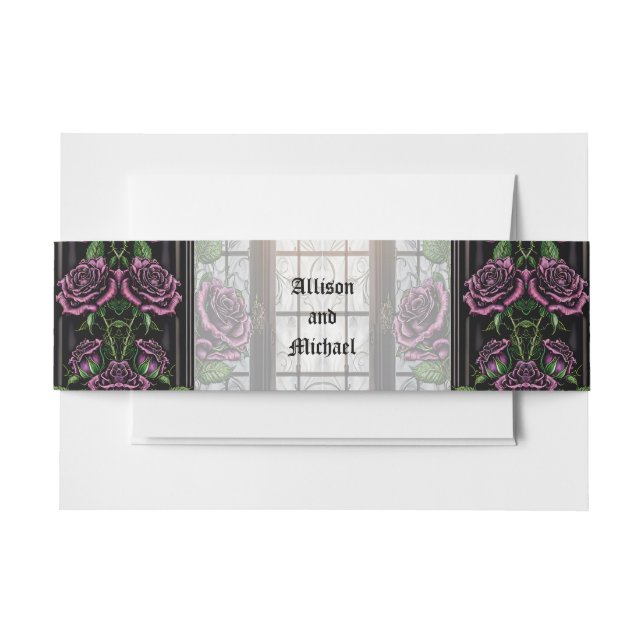 Purple roses by the window - gothic style wedding  invitation belly band (Front Example)