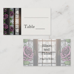 Purple roses by the window - gothic style wedding place card