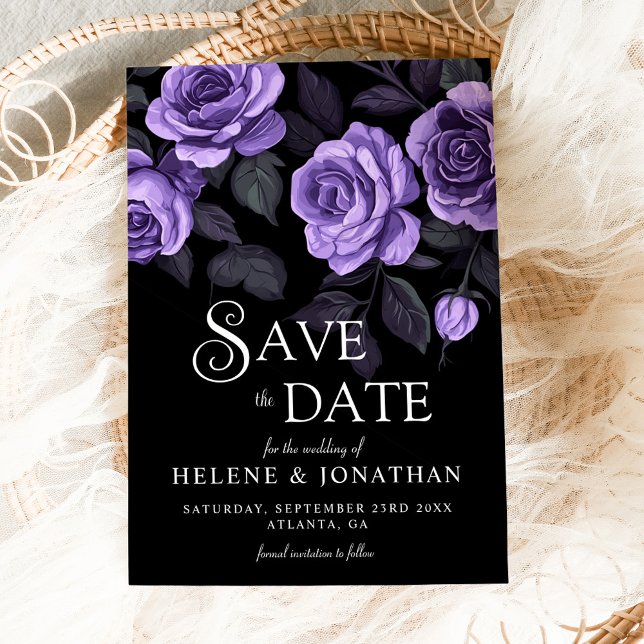 Purple Roses Dark Moody Floral Gothic Wedding Save The Date (Purple Roses Dark Moody Floral Gothic Wedding Save The Date)