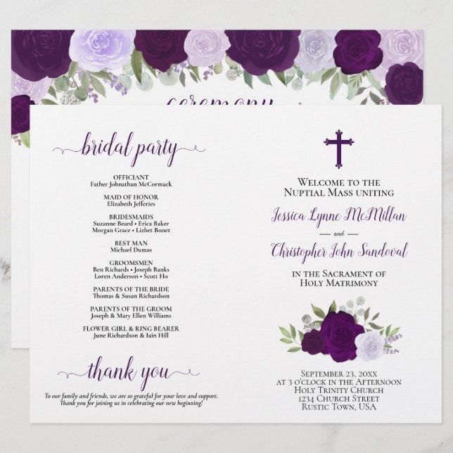Purple Roses DIY Fold Catholic Wedding Program (Front/Back)