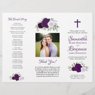 Purple Roses DIY tri-fold Catholic Wedding Program Flyer