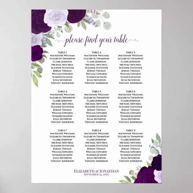 Purple Roses Elegant 9 Table Wedding Seating Chart (Front)