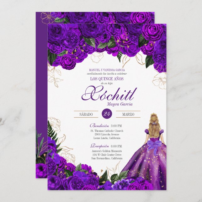 Purple Roses Elegant Floral 15th Birthday Quince Invitation (Front/Back)