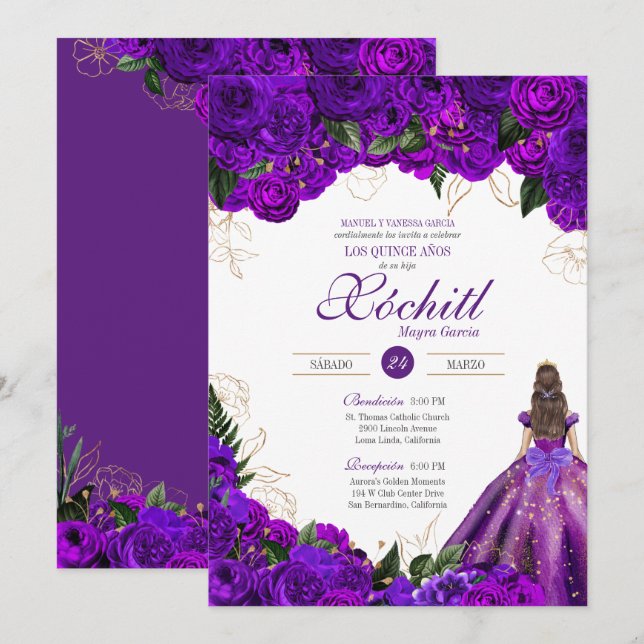 Purple Roses Elegant Floral 15th Birthday Quince Invitation (Front/Back)