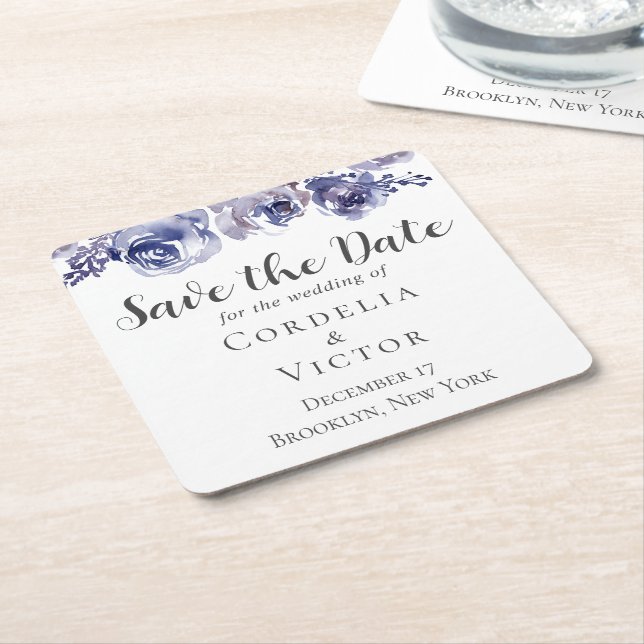 Purple Roses Elegant Floral Winter Save the Date Square Paper Coaster (Angled)