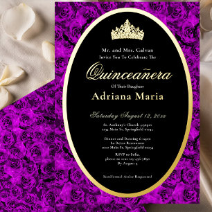 Purple Roses Elegant Gold Floral Quinceanera  