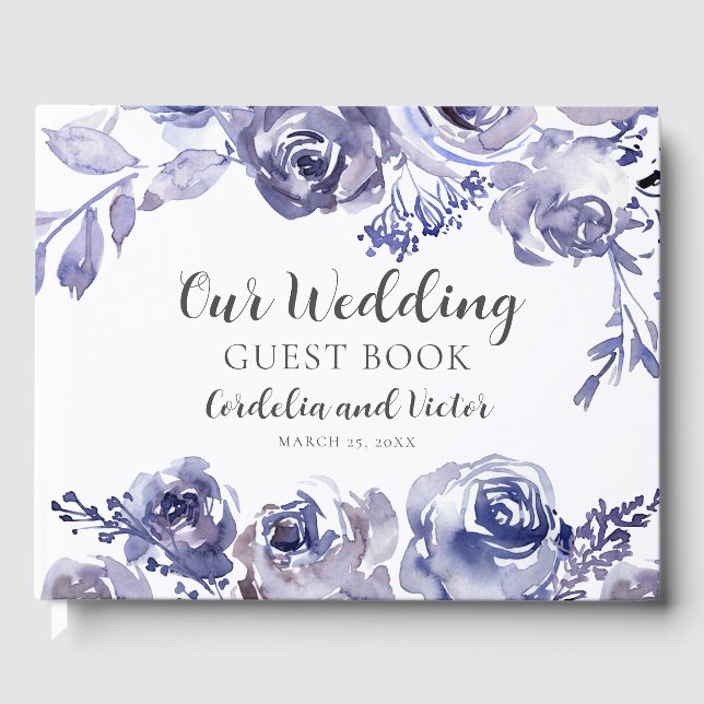Purple Roses Elegant Personalised Garden Wedding Guest Book (Front)