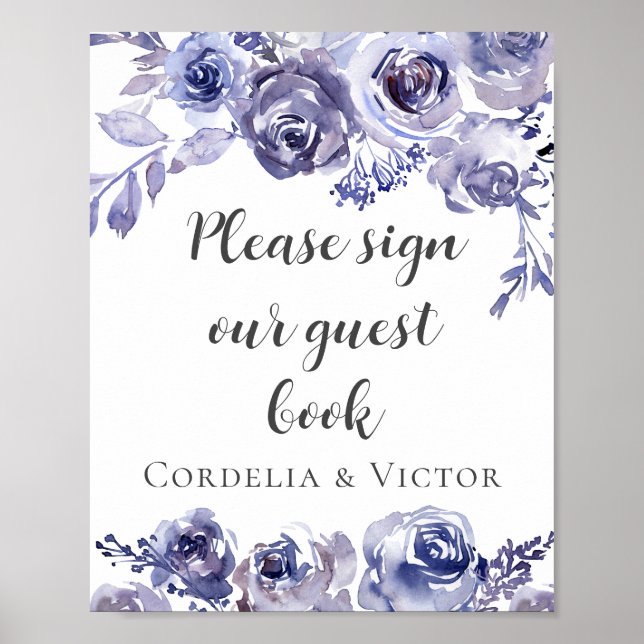 Purple Roses Elegant Wedding Guest Book Poster (Front)