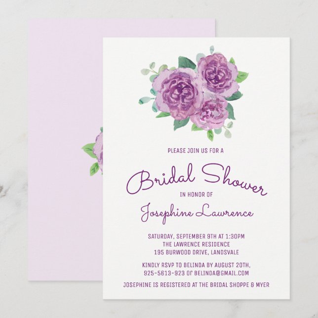 Purple Roses Floral Bridal Shower Invitations (Front/Back)