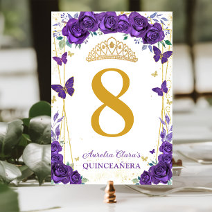 Purple Roses Floral Butterflies Gold Quinceañera Table Number