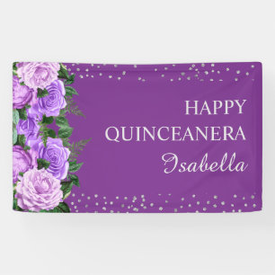 Purple Roses Floral Glitter Happy Quinceañera  Banner