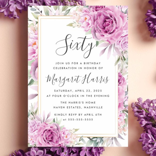 Purple Roses Floral Gold Frame 60th Sixty Birthday Invitation (Creator Uploaded)