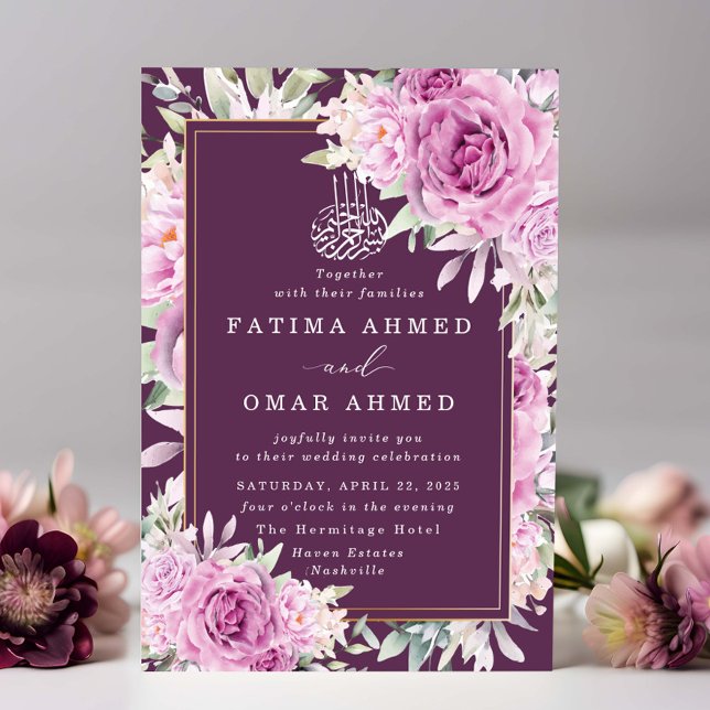 Purple Roses Floral Islamic Muslim Wedding Invitat Invitation (Creator Uploaded)