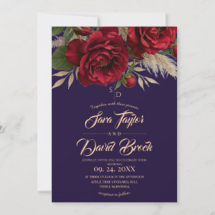 Purple & Roses Floral Modern Boho Wedding Invitation