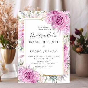 Purple Roses Floral Nuestra Boda Spanish Wedding Invitation