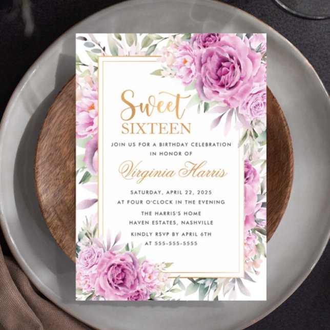 Purple Roses Floral Sweet Sixteen 16 Birthday Invitation (Creator Uploaded)