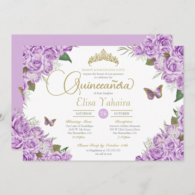 Purple Roses Floral Tiara Butterfly Quinceanera Invitation (Front/Back)