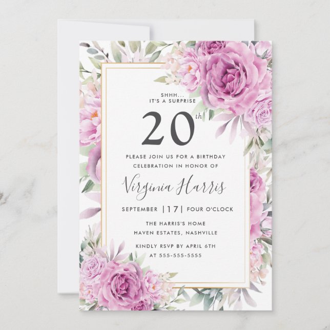 Purple Roses Floral Twenty 20th Birthday Invitation (Front)