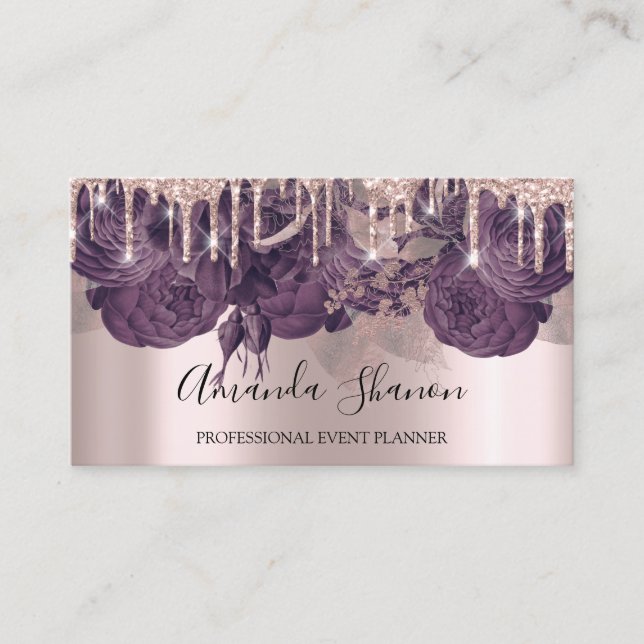 Purple Roses Glitter Drips Logo Event Planner  Business Card (Front)