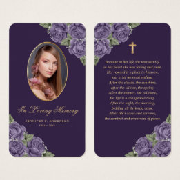 Purple Roses Gold Cross Funeral Prayer Card