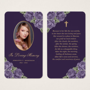 Purple Roses Gold Cross Funeral Prayer Card