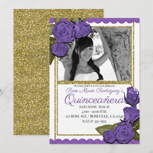 Purple Roses Gold Glitter Quinceañera Birthday Invitation