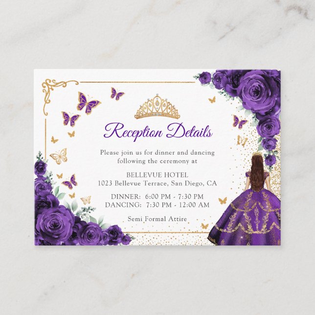 Purple Roses Gold Quinceanera Reception Details Enclosure Card (Front)