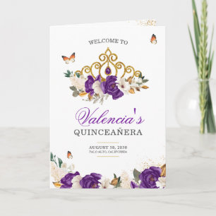 Purple Roses Gold Tiara Butterfly Quinceanera Program