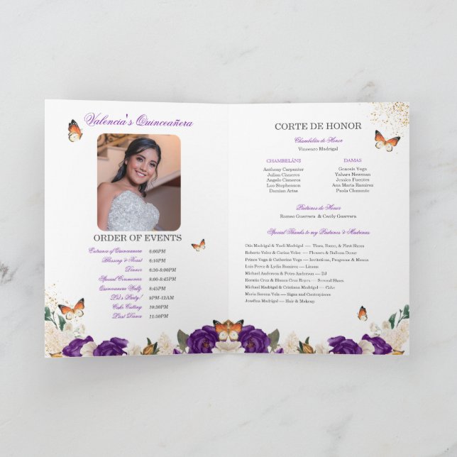 Purple Roses Gold Tiara Butterfly Quinceanera Program (Inside)