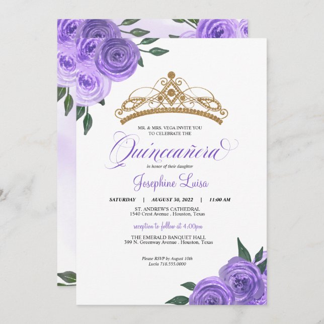 Purple Roses Golden Tiara Quinceañera Birthday Inv Invitation (Front/Back)