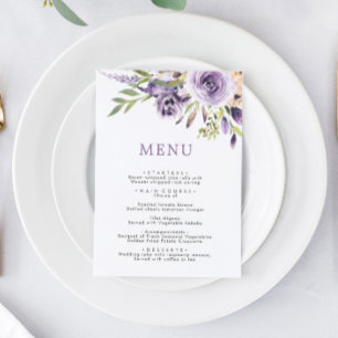 Purple Roses & Greenery Leves Floral Wedding Menu