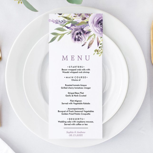 Purple Roses & Greenery Leves Floral Wedding Menu (Creator Uploaded)