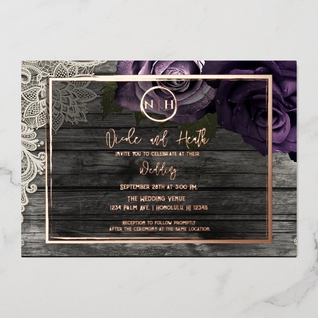 Purple Roses Grey Wood & Lace Rustic Wedding   (Front)