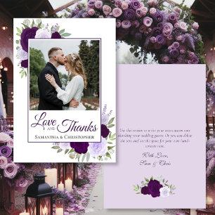 Purple Roses Love & Thanks Photo Writable Wedding Thank You Card