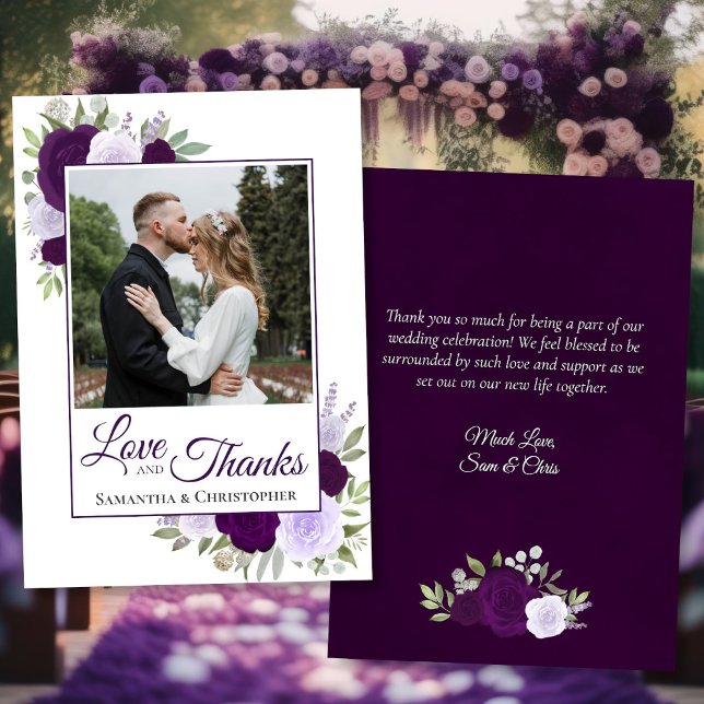 Purple Roses Love & Thanks with Note Photo Wedding Thank You Card (Front/Back)