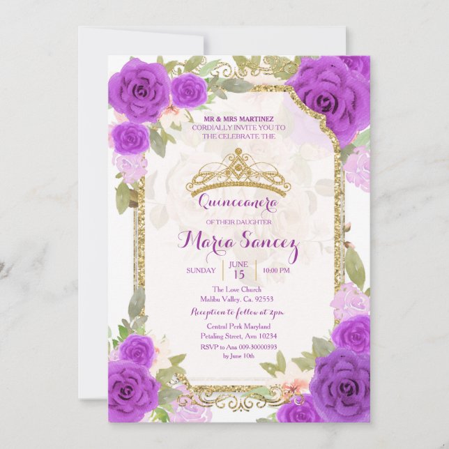 Purple Roses Mexican Charra Mis Quince Invitation (Front)