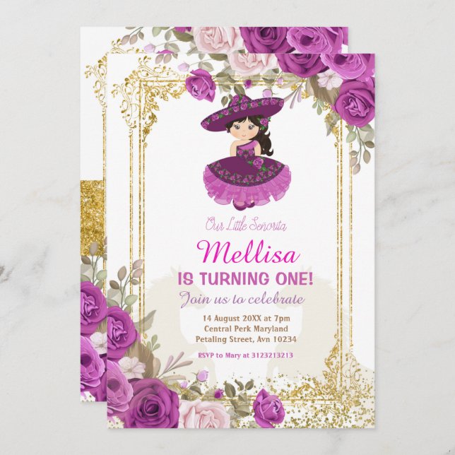 Purple Roses Mexican Floral Girl Fiesta Birthday  Invitation (Front/Back)