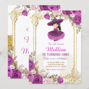 Purple Roses Mexican Floral Girl Fiesta Birthday  Invitation