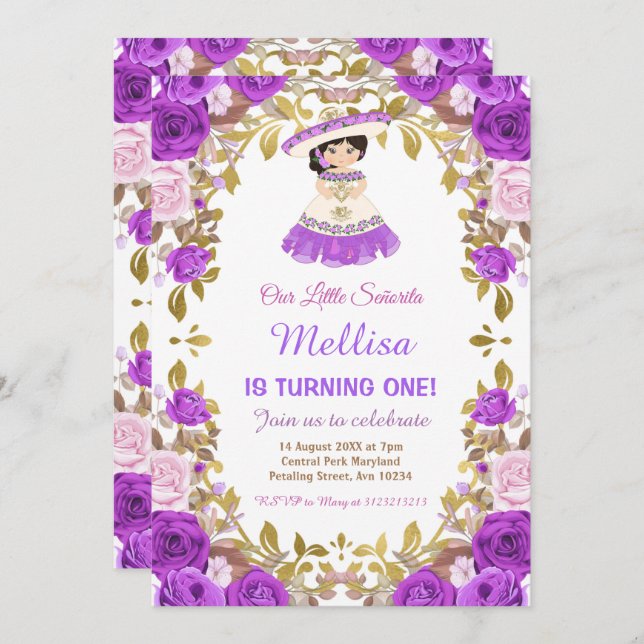 Purple Roses Mexican Floral Girl Fiesta Birthday   Invitation (Front/Back)