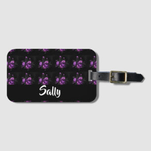 Purple roses on black luggage tag