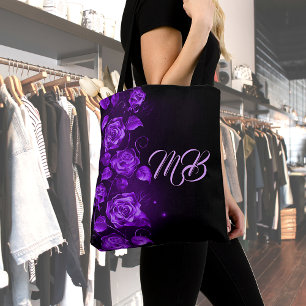 Purple roses on black monogrammed tote bag