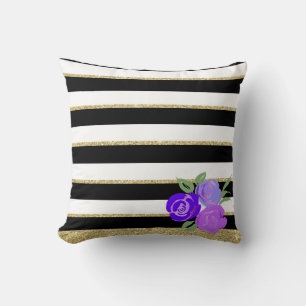 Purple Roses on Black, White, Gold Stripes Cushion